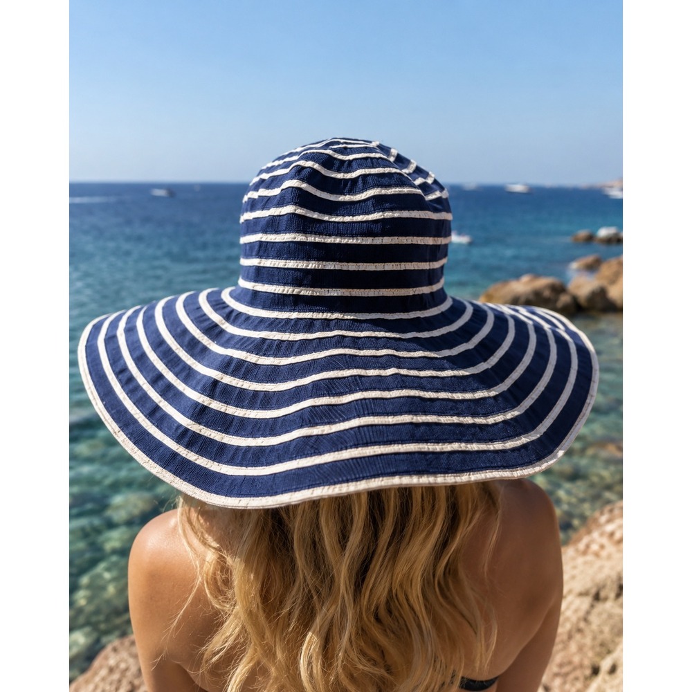 David & Young Boho Wide Brim Sun Hat Navy White Striped Beach